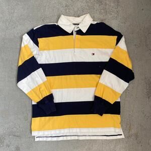 Vintage Y2K Tommy Hilfiger Rugby Polo Shirt Yellow Stripe Long Sleeve